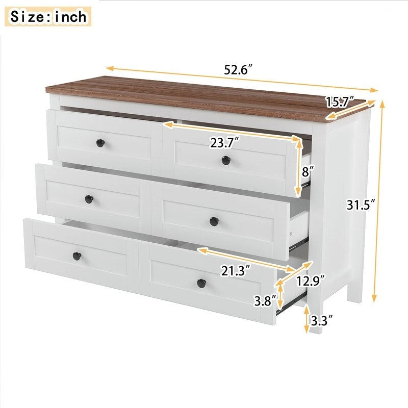 6-Drawer Farmhouse Dresser, Particle Board Storage Cabinet, 52.6" W, White or Antique Gray