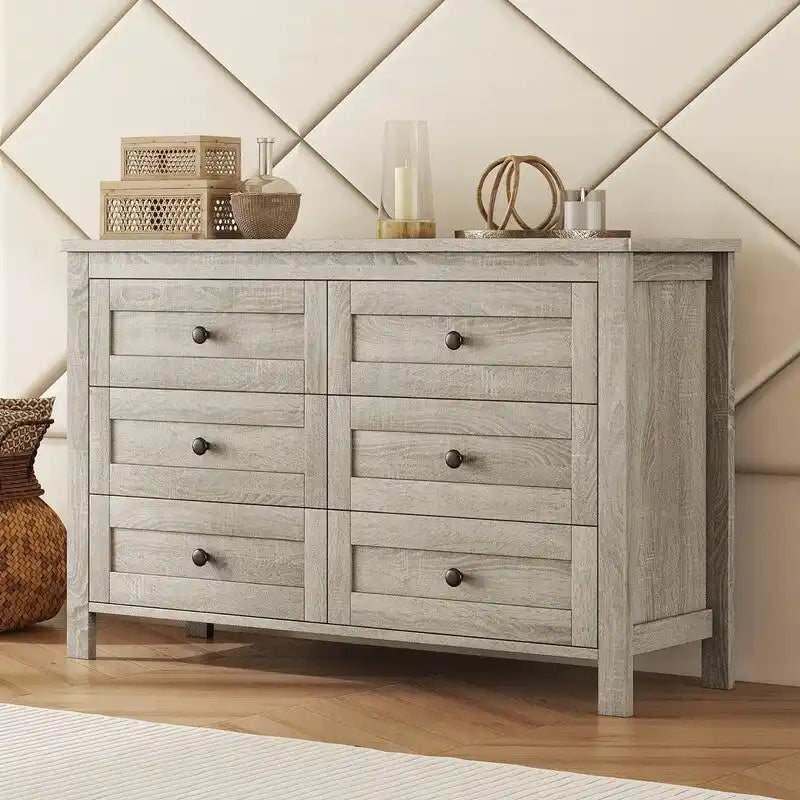 6-Drawer Farmhouse Dresser, Particle Board Storage Cabinet, 52.6" W, White or Antique Gray