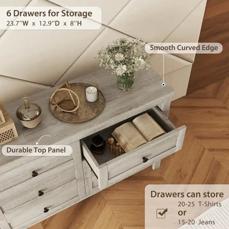 6-Drawer Farmhouse Dresser, Particle Board Storage Cabinet, 52.6" W, White or Antique Gray