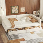 Full Size Upholstered Platform Bed with USB Charging Ports & 2 Storage Drawers, Beige Linen