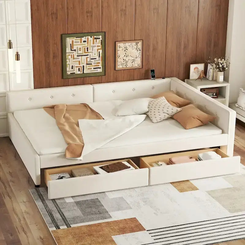 Full Size Upholstered Platform Bed with USB Charging Ports & 2 Storage Drawers, Beige Linen