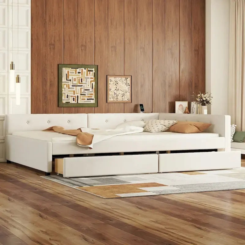 Full Size Upholstered Platform Bed with USB Charging Ports & 2 Storage Drawers, Beige Linen
