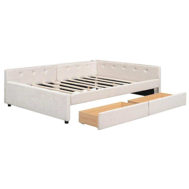 Full Size Upholstered Platform Bed with USB Charging Ports & 2 Storage Drawers, Beige Linen
