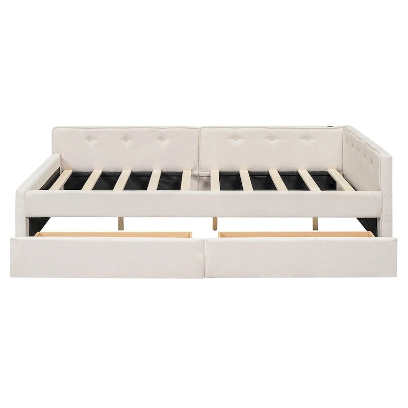 Full Size Upholstered Platform Bed with USB Charging Ports & 2 Storage Drawers, Beige Linen