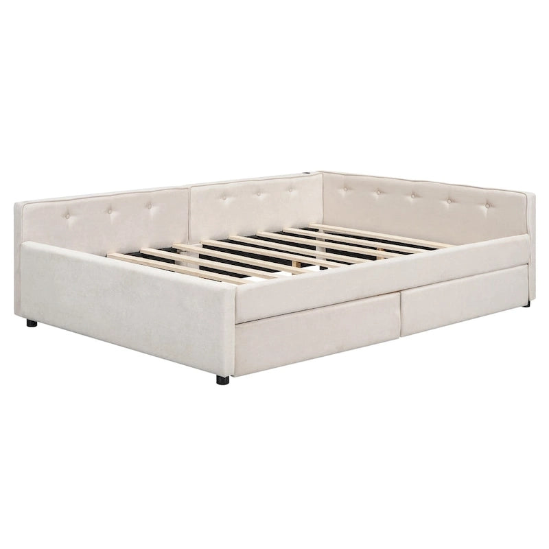 Full Size Upholstered Platform Bed with USB Charging Ports & 2 Storage Drawers, Beige Linen