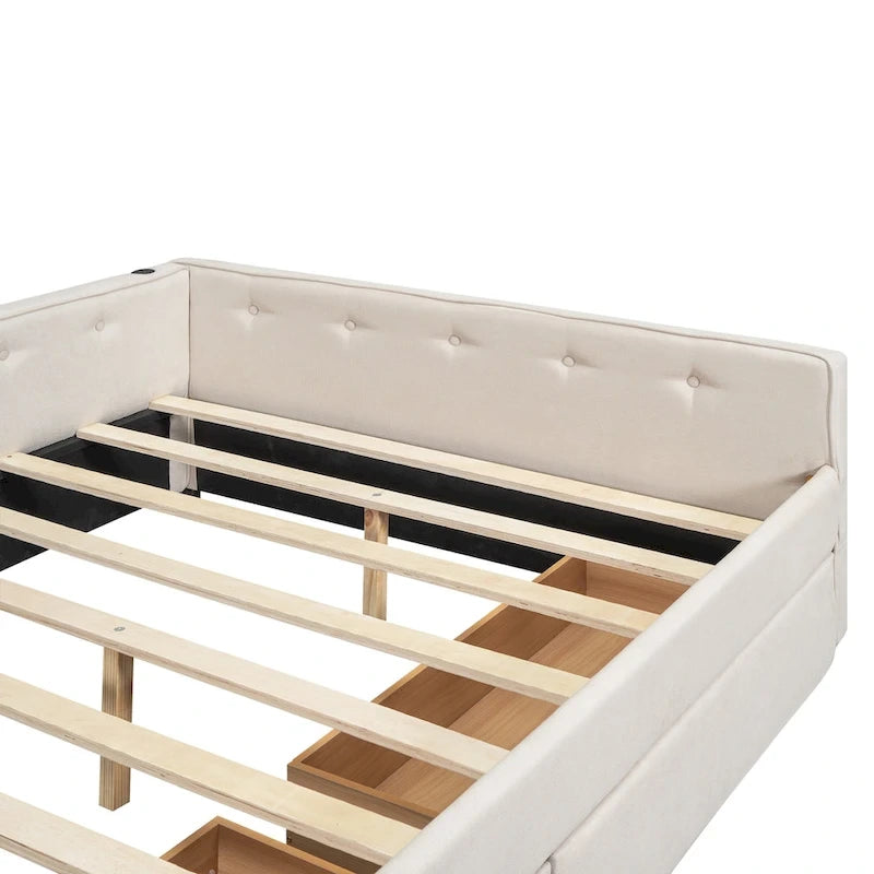 Full Size Upholstered Platform Bed with USB Charging Ports & 2 Storage Drawers, Beige Linen