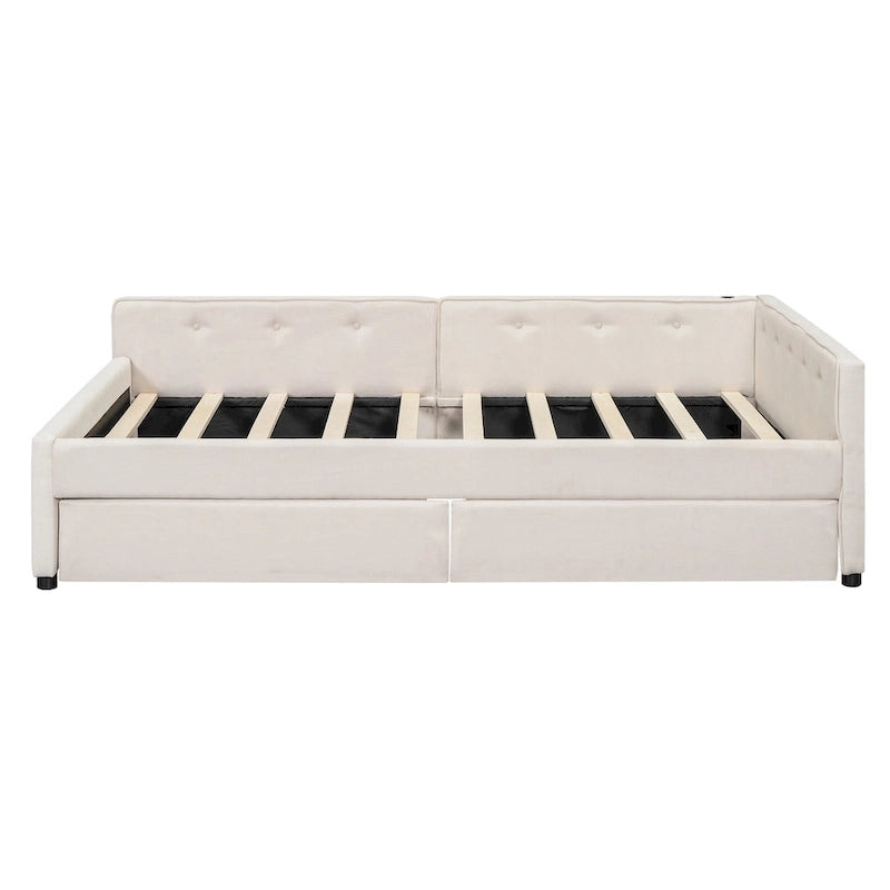 Full Size Upholstered Platform Bed with USB Charging Ports & 2 Storage Drawers, Beige Linen
