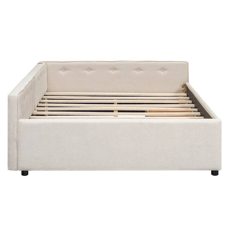 Full Size Upholstered Platform Bed with USB Charging Ports & 2 Storage Drawers, Beige Linen
