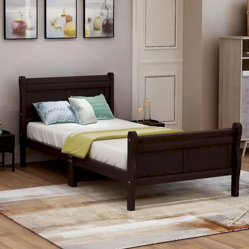 Wood Sleigh Bed Frame with Headboard & Footboard, Twin/Full/Queen, No Box Spring Needed
