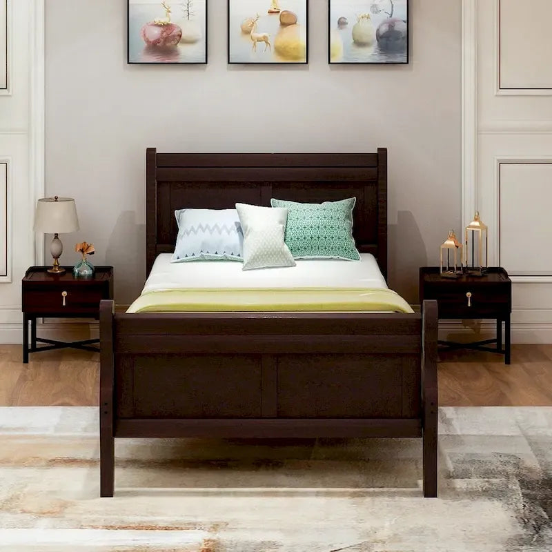 Wood Sleigh Bed Frame with Headboard & Footboard, Twin/Full/Queen, No Box Spring Needed
