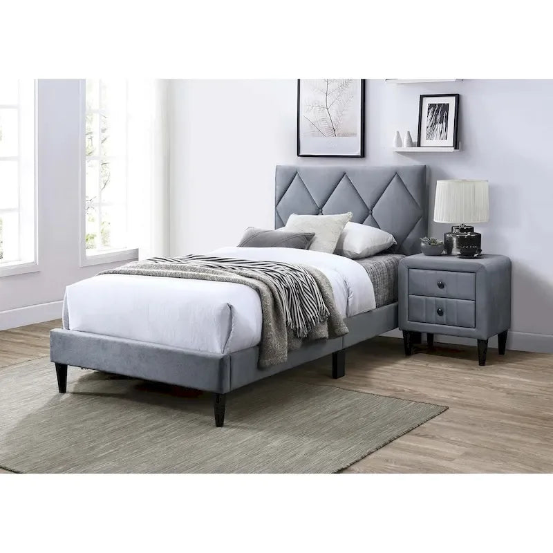 Twin Bed with Velvet Upholstery, Diamond Tufted Headboard & Adjustable Height, 12-Slat Support