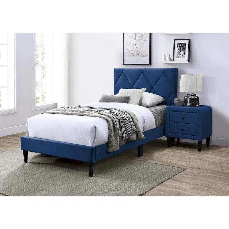 Twin Bed with Velvet Upholstery, Diamond Tufted Headboard & Adjustable Height, 12-Slat Support