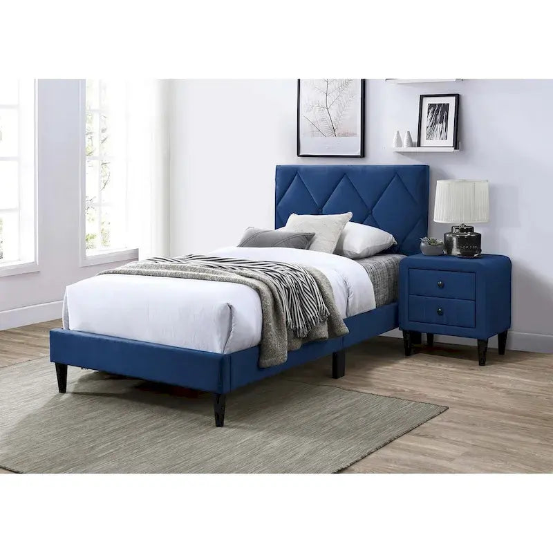 Twin Bed with Velvet Upholstery, Diamond Tufted Headboard & Adjustable Height, 12-Slat Support