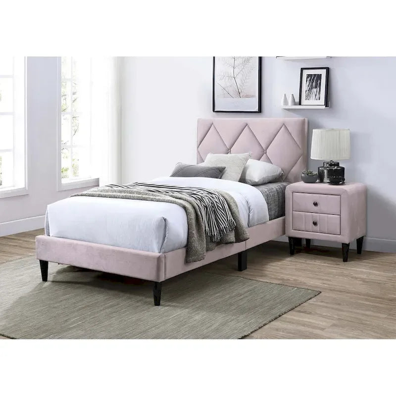 Twin Bed with Velvet Upholstery, Diamond Tufted Headboard & Adjustable Height, 12-Slat Support