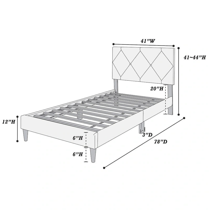 Twin Bed with Velvet Upholstery, Diamond Tufted Headboard & Adjustable Height, 12-Slat Support
