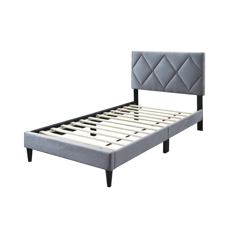 Twin Bed with Velvet Upholstery, Diamond Tufted Headboard & Adjustable Height, 12-Slat Support
