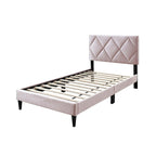 Twin Bed with Velvet Upholstery, Diamond Tufted Headboard & Adjustable Height, 12-Slat Support