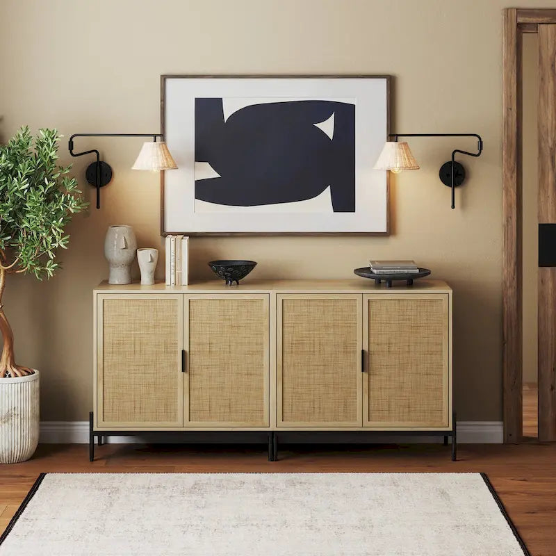 Bohemian Rattan Accent Cabinet with Adjustable Shelves & Metal Legs, Light Oak