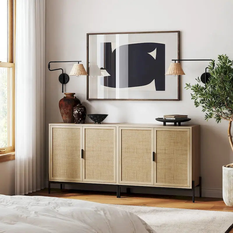 Bohemian Rattan Accent Cabinet with Adjustable Shelves & Metal Legs, Light Oak
