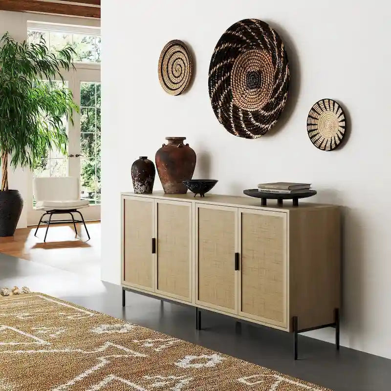 Bohemian Rattan Accent Cabinet with Adjustable Shelves & Metal Legs, Light Oak
