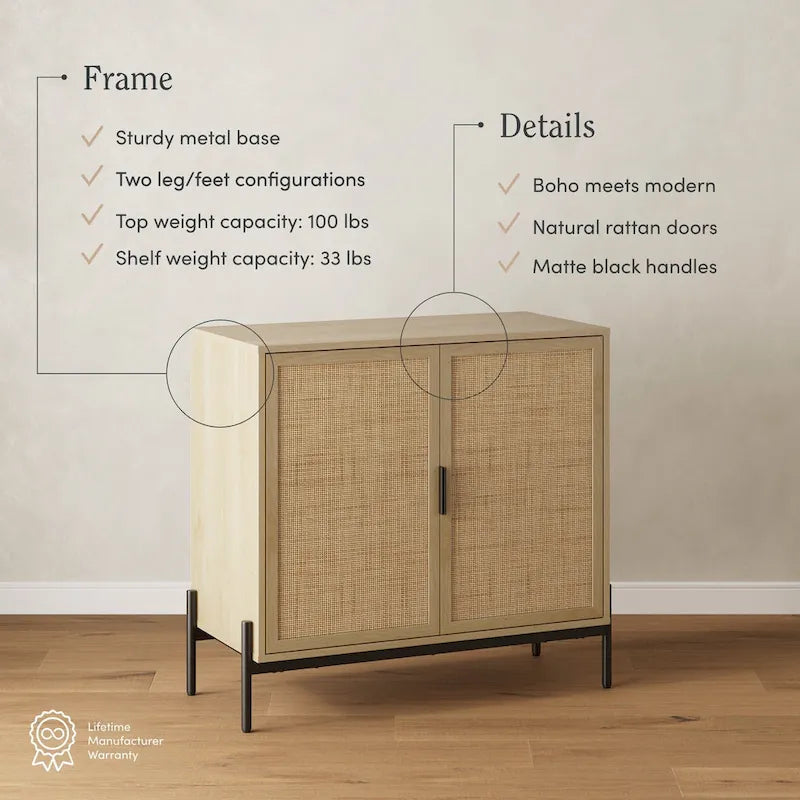 Bohemian Rattan Accent Cabinet with Adjustable Shelves & Metal Legs, Light Oak