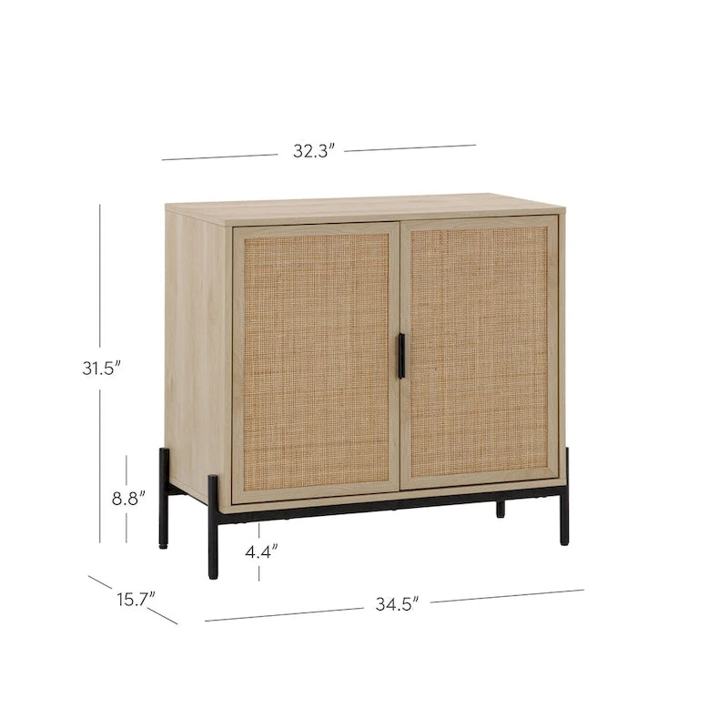 Bohemian Rattan Accent Cabinet with Adjustable Shelves & Metal Legs, Light Oak