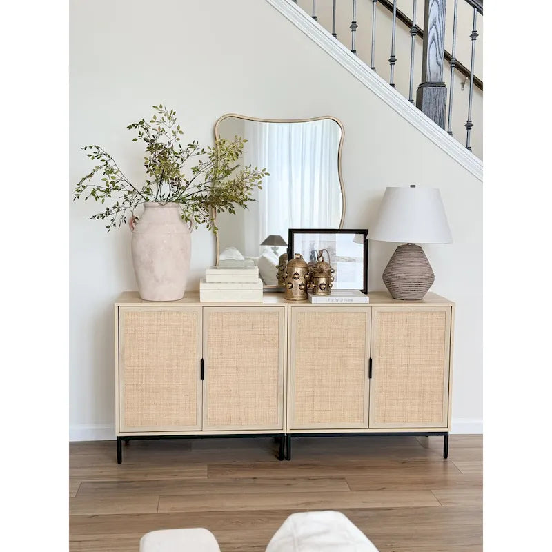 Bohemian Rattan Accent Cabinet with Adjustable Shelves & Metal Legs, Light Oak