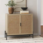 Bohemian Rattan Accent Cabinet with Adjustable Shelves & Metal Legs, Light Oak