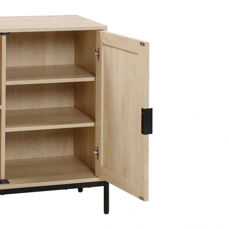 Bohemian Rattan Accent Cabinet with Adjustable Shelves & Metal Legs, Light Oak