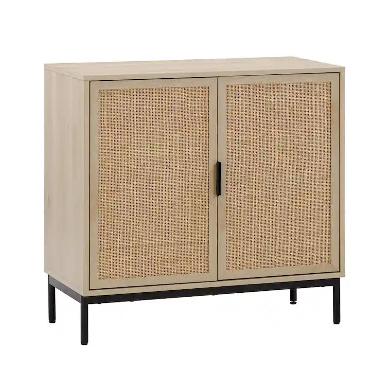 Bohemian Rattan Accent Cabinet with Adjustable Shelves & Metal Legs, Light Oak