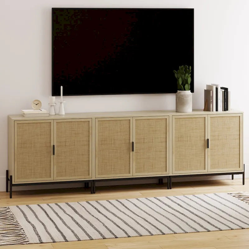 Bohemian Rattan Accent Cabinet with Adjustable Shelves & Metal Legs, Light Oak