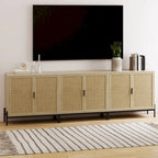 Bohemian Rattan Accent Cabinet with Adjustable Shelves & Metal Legs, Light Oak