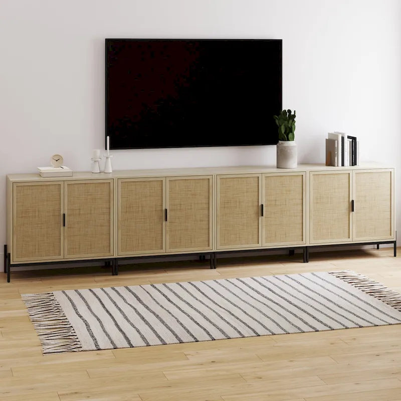 Bohemian Rattan Accent Cabinet with Adjustable Shelves & Metal Legs, Light Oak