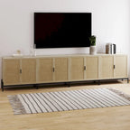 Bohemian Rattan Accent Cabinet with Adjustable Shelves & Metal Legs, Light Oak