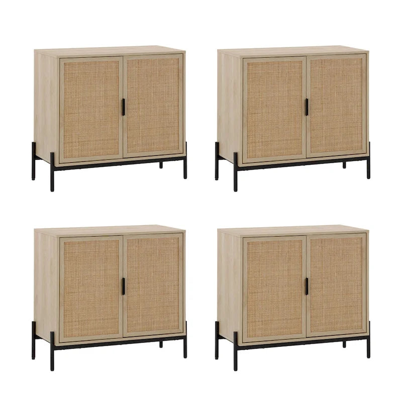 Bohemian Rattan Accent Cabinet with Adjustable Shelves & Metal Legs, Light Oak