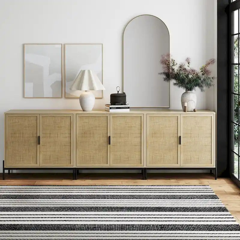 Bohemian Rattan Accent Cabinet with Adjustable Shelves & Metal Legs, Light Oak
