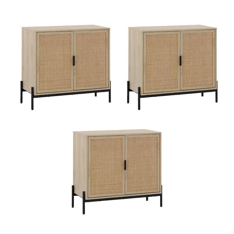 Bohemian Rattan Accent Cabinet with Adjustable Shelves & Metal Legs, Light Oak
