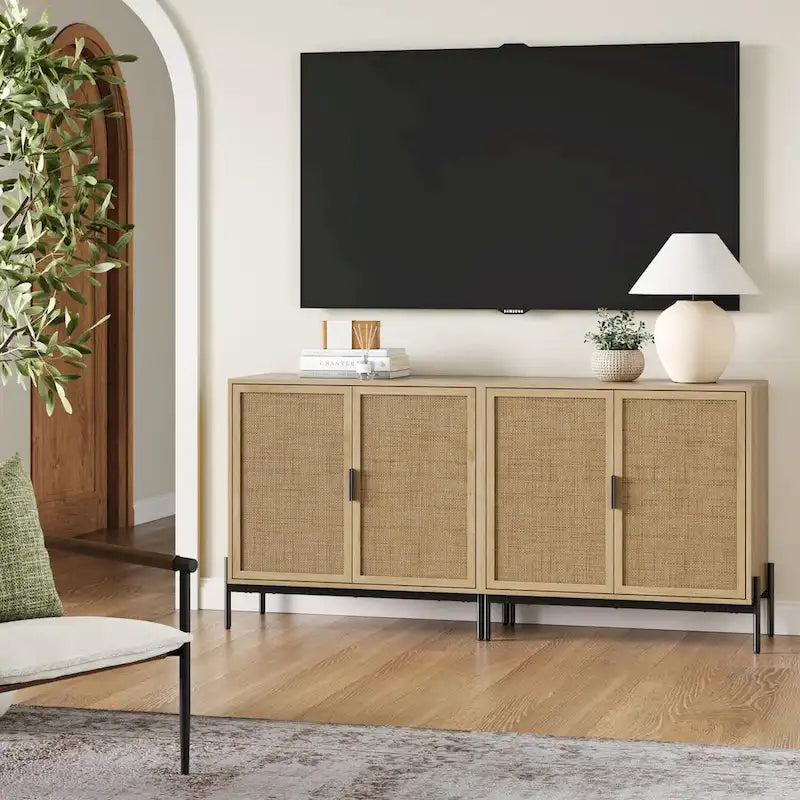 Bohemian Rattan Accent Cabinet with Adjustable Shelves & Metal Legs, Light Oak