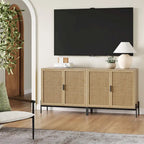 Bohemian Rattan Accent Cabinet with Adjustable Shelves & Metal Legs, Light Oak