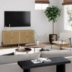 Bohemian Rattan Accent Cabinet with Adjustable Shelves & Metal Legs, Light Oak