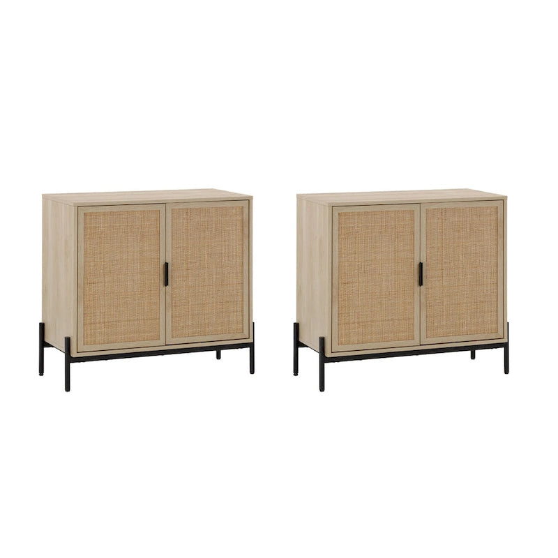 Bohemian Rattan Accent Cabinet with Adjustable Shelves & Metal Legs, Light Oak