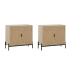 Bohemian Rattan Accent Cabinet with Adjustable Shelves & Metal Legs, Light Oak
