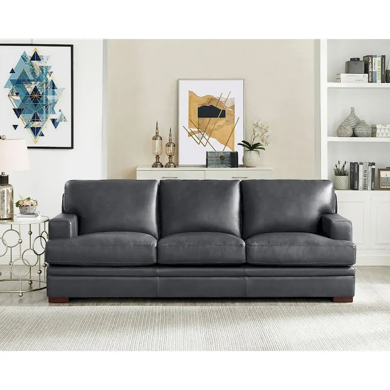 Top Grain Leather Sofa with Goose Down Cushions & Pocketed Coils, 95" 3-Seat, Cross-Stitch Armrest