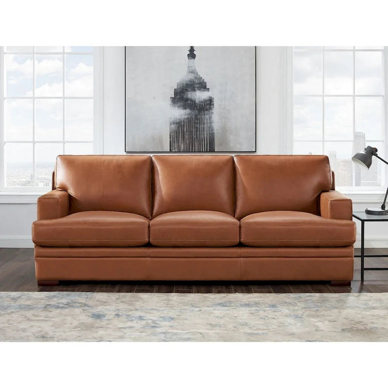 Top Grain Leather Sofa with Goose Down Cushions & Pocketed Coils, 95" 3-Seat, Cross-Stitch Armrest