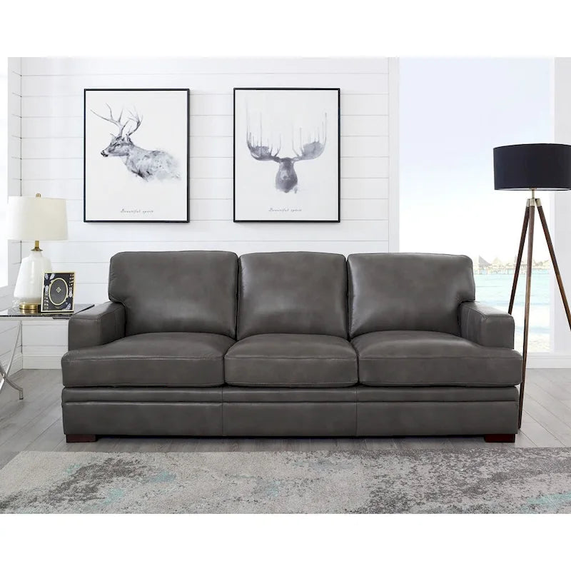 Top Grain Leather Sofa with Goose Down Cushions & Pocketed Coils, 95" 3-Seat, Cross-Stitch Armrest