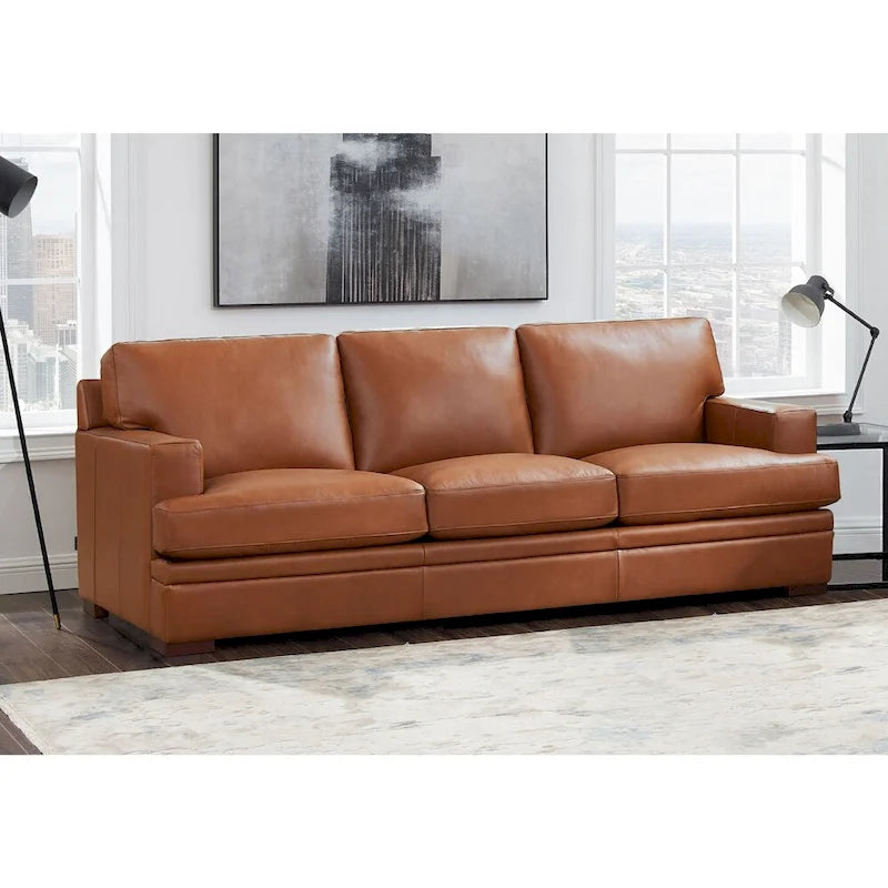 Top Grain Leather Sofa with Goose Down Cushions & Pocketed Coils, 95" 3-Seat, Cross-Stitch Armrest