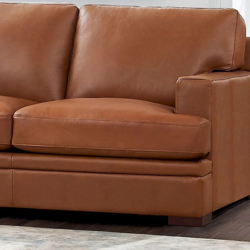 Top Grain Leather Sofa with Goose Down Cushions & Pocketed Coils, 95" 3-Seat, Cross-Stitch Armrest