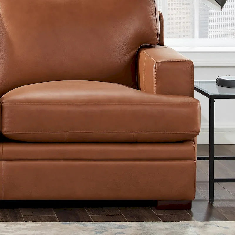 Top Grain Leather Sofa with Goose Down Cushions & Pocketed Coils, 95" 3-Seat, Cross-Stitch Armrest