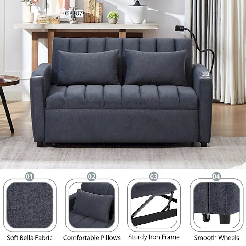 Convertible Sofa Bed with 3-Angle Adjustable Backrest, USB Ports, Cup Holders & Side Pockets, 1100 lbs Capacity