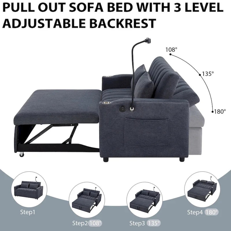 Convertible Sofa Bed with 3-Angle Adjustable Backrest, USB Ports, Cup Holders & Side Pockets, 1100 lbs Capacity